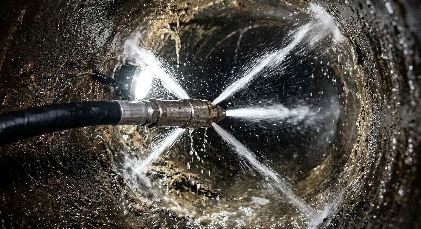High-pressure hydro jetting nozzle cleaning sewer pipe for Trenchless Sewer Repair in Champaign