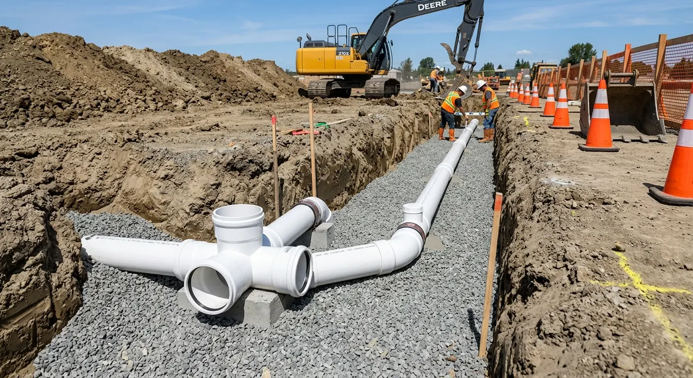 New PVC sewer pipe installation in open trench for Commercial Drain Cleaning in Champaign