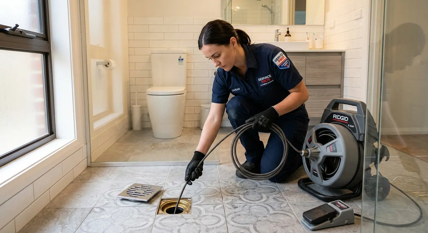 Technician clearing a bathroom floor drain for Drain Cleaning in Champaign